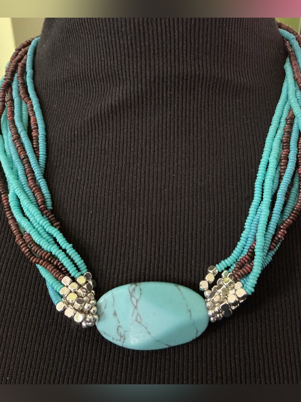 Kenneth Cole New York Semi Precious Turquoise Necklace Seed Bead 10-strand